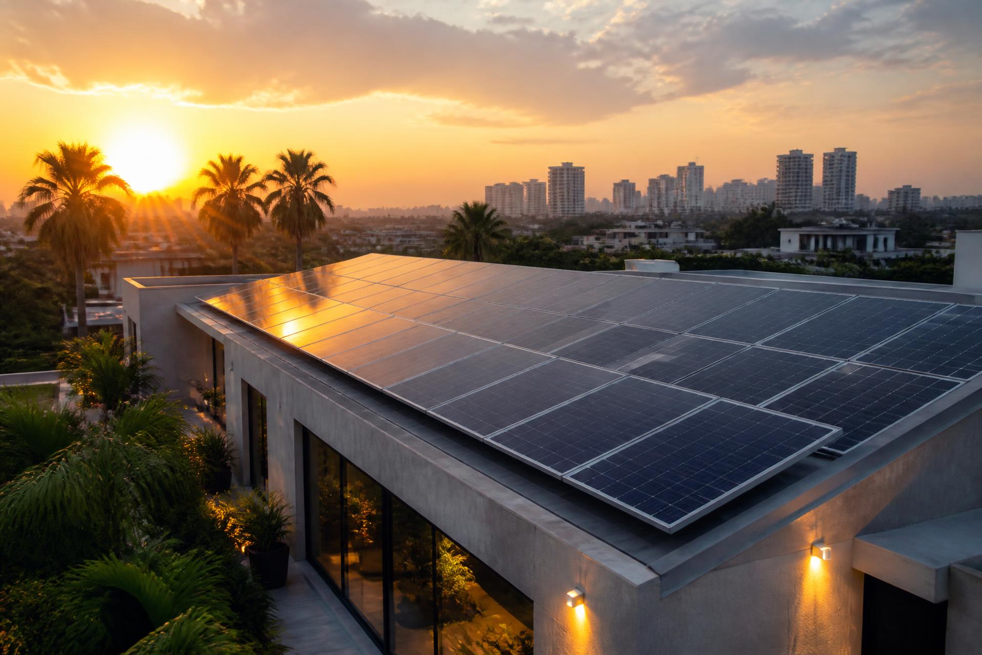 Modern Indian home with a rooftop solar panel system in golden evening sunlight